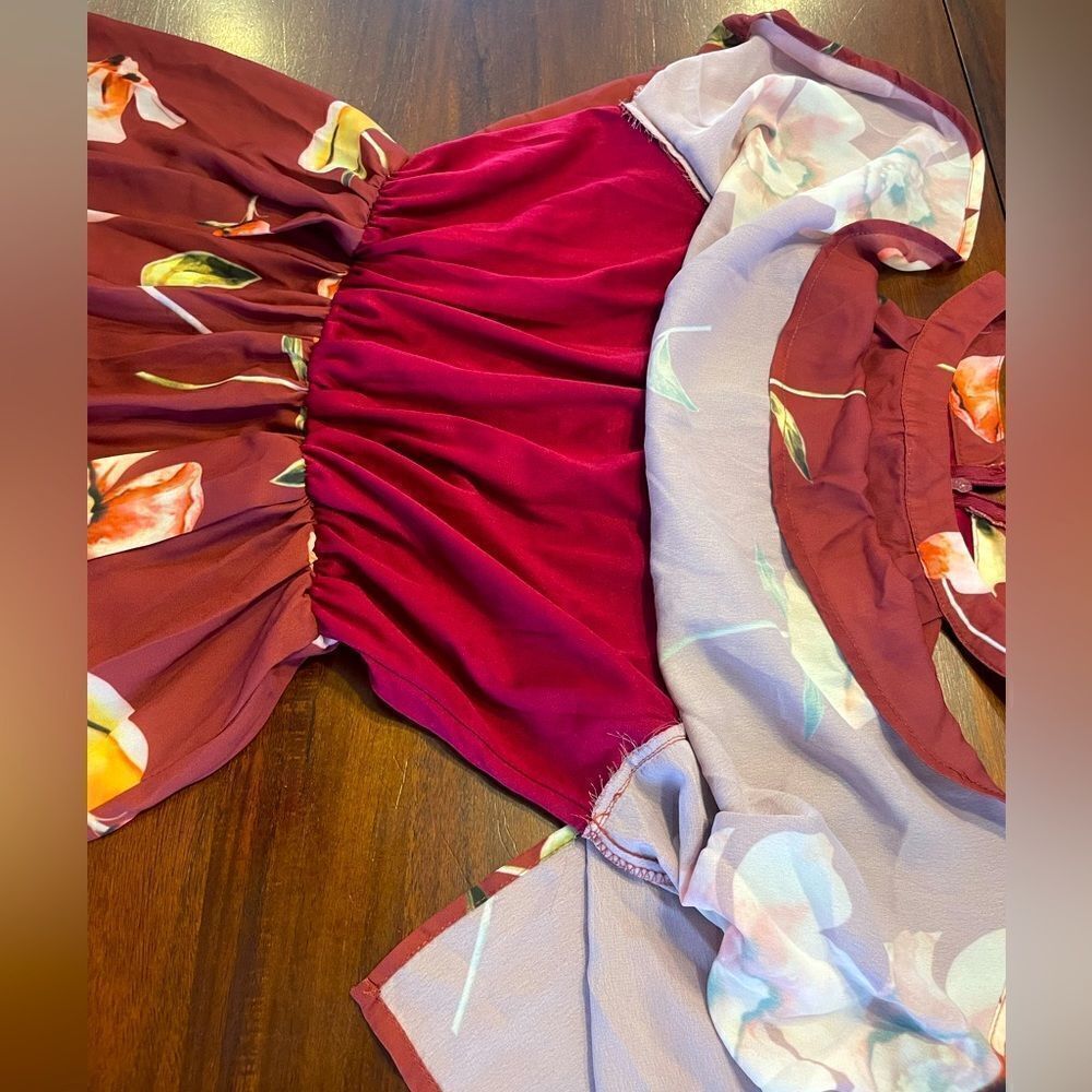 Floral Wine Colored Spring Romper Medium - Picture 5 of 6